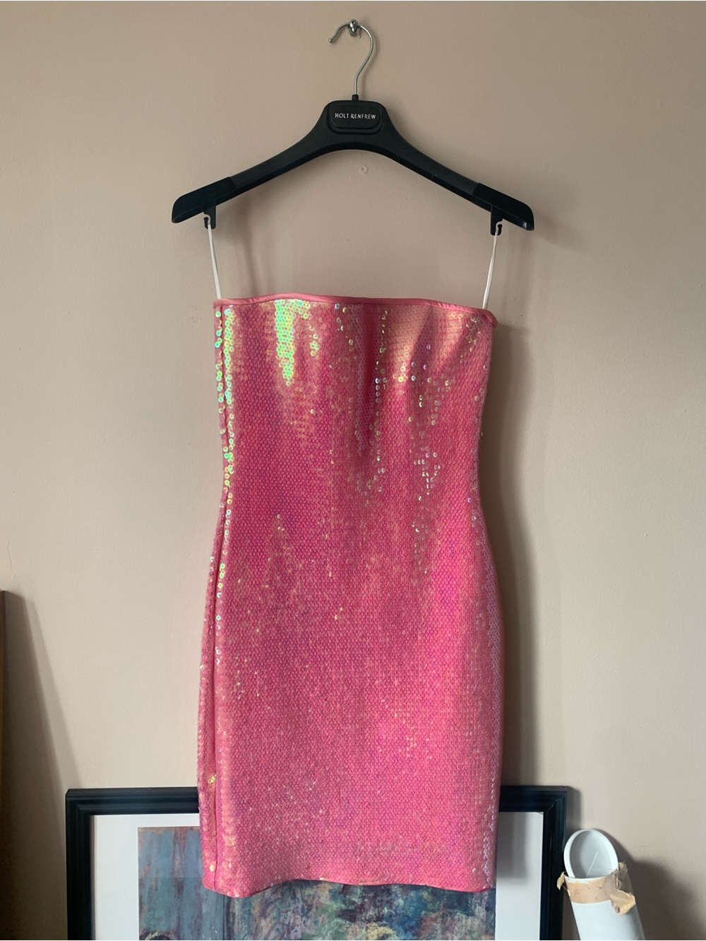 Escada Pink Iridescent Sequin Strapless Mini Dress